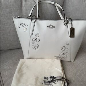 Coach White Leather Studded Tote with Silver Hardware